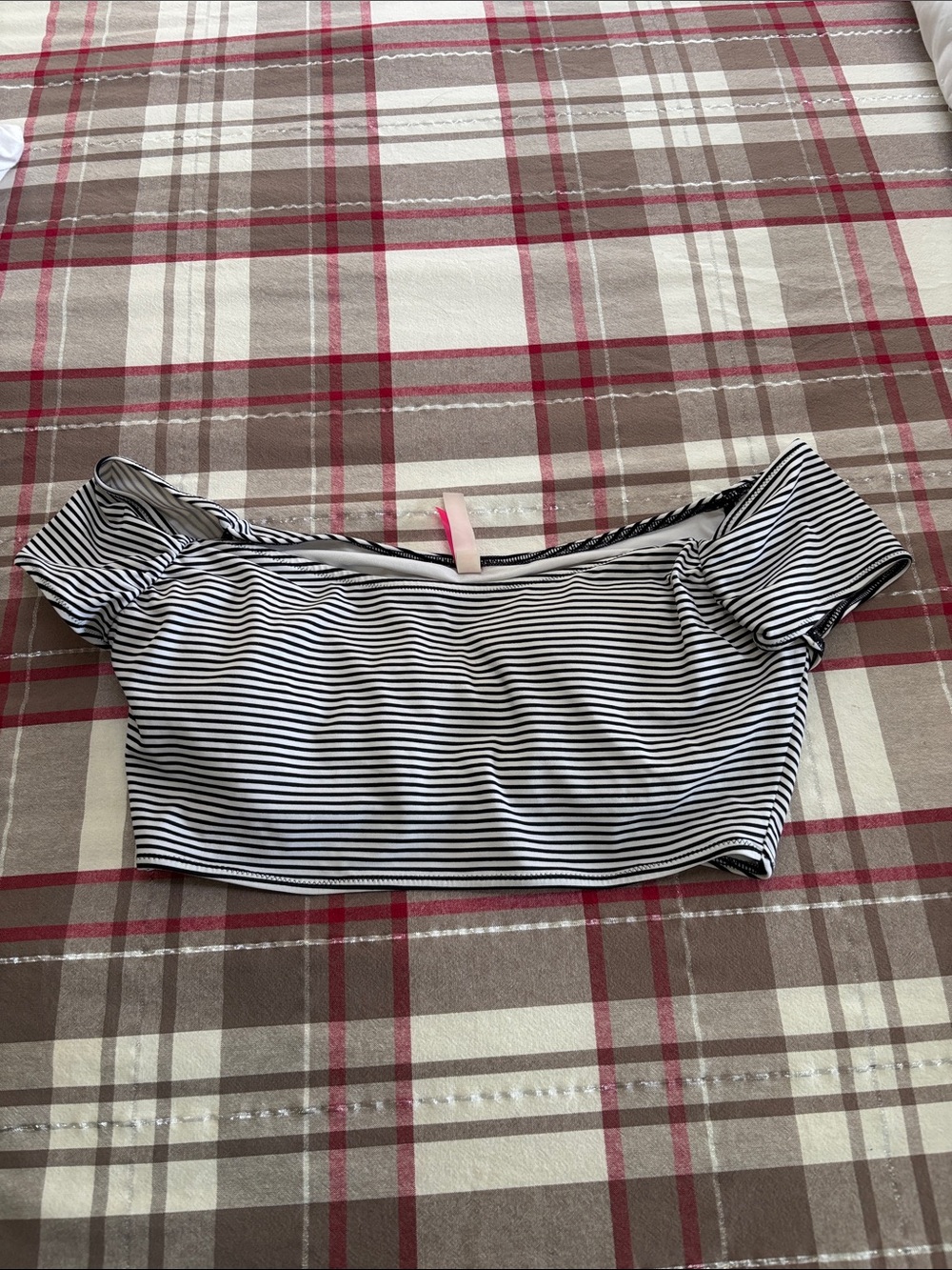 Victoria's Secret Black and White Striped Off-Shoulder Swim Crop Top